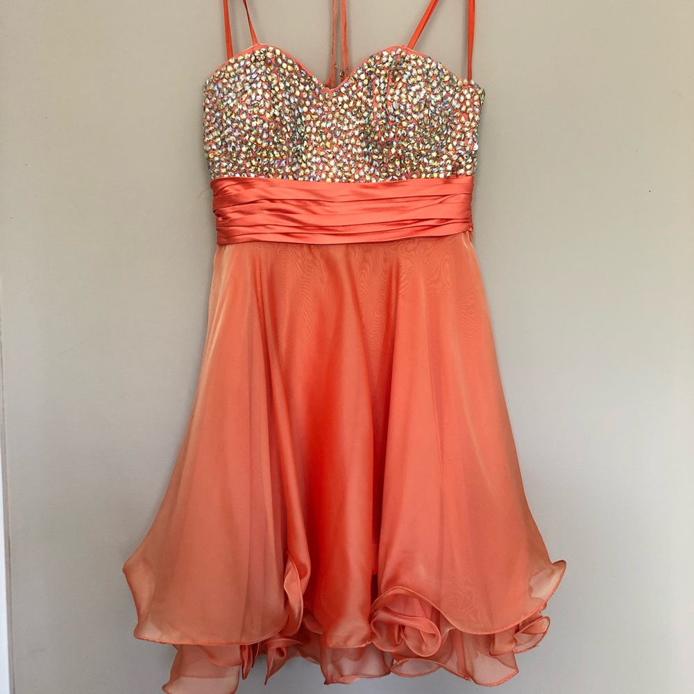 La Femme Orange Sequin Strapless Prom Dress 4